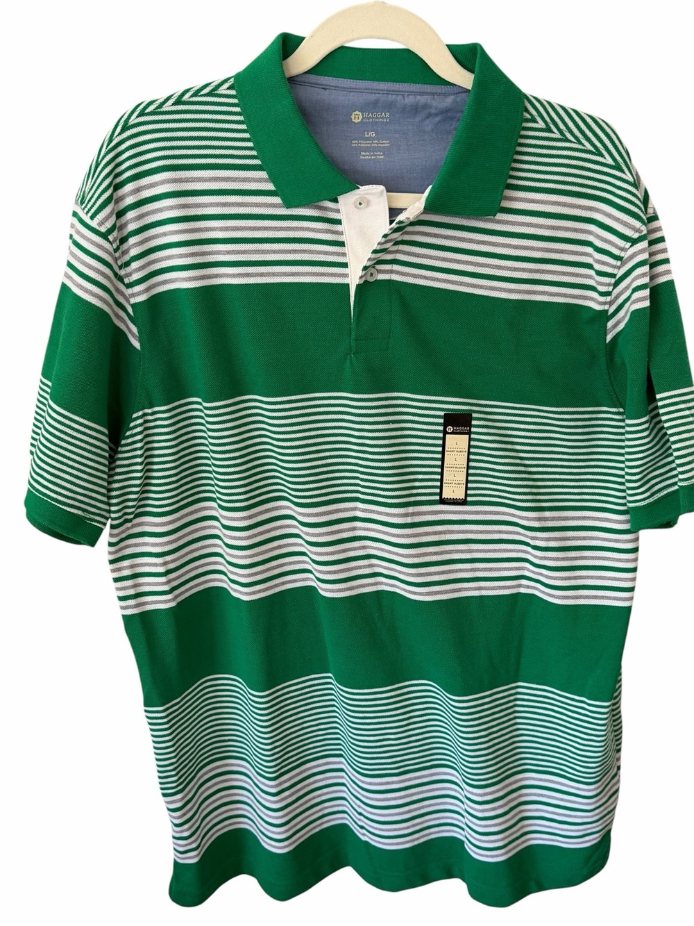Haggar Green Striped Polo Shirt Large NWT Golf Short Sleeve Collared